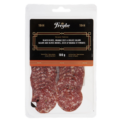 Freybe - 1844 Black Olive, Orange Zest, and Chili Salami Slices
