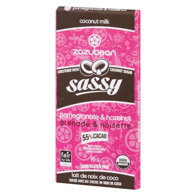 Zazubean - 55% Cocao Sassy Coconut Milk Pomegranate and Hazelnut Chocolate Bar