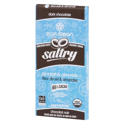 Zazubean - 65% Cocao Salty Almonds and Sea Salt Dark Chocolate Bar