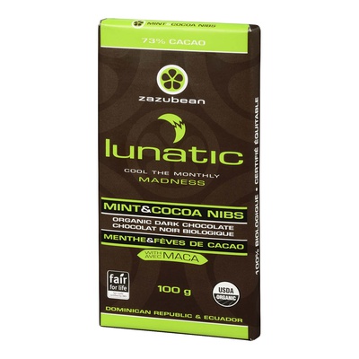 Zazubean - 73% Cacao Lunatic Mint and Cocoa Nibs Dark Chocolate Bar