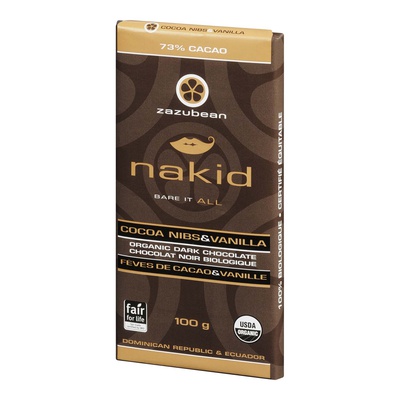 Zazubean - 73% Cocao Nakid Cocoa Nibs and Vanilla Dark Chocolate Bar